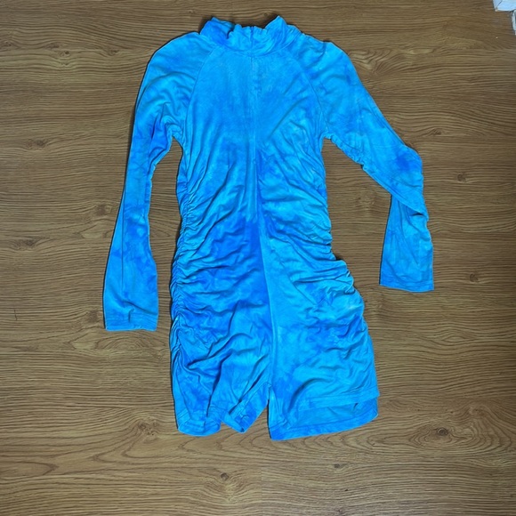 Blue Tie Dye Print Long Sleeve Jumpsuit Skinny Ruched Workout Romper - Picture 3 of 4